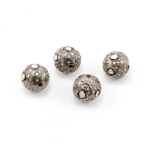925 Sterling Silver Pave Diamond Beads with Polki Diamond, Roundel Shape-12.00x11.50mm, Black/White Rhodium Plating. Sold By 1 Pcs, F-1511