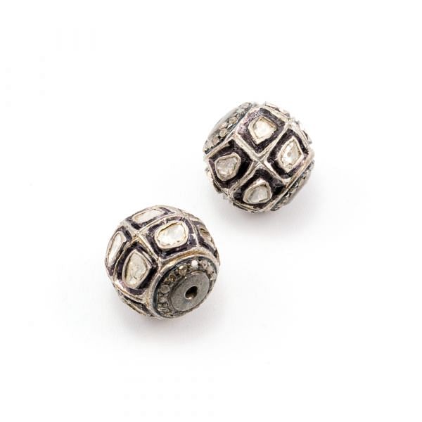 925 Sterling Silver Pave Diamond Beads with Polki Diamond, Roundel Shape-15.00x14.50mm, Black/White Rhodium Plating. Sold By 1 Pcs, F-1514