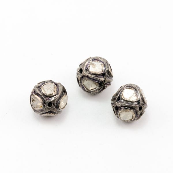 925 Sterling Silver Pave Diamond Beads with Polki Diamond, Roundel Shape-10.00x11.00mm, Black/White Rhodium Plating. Sold By 1 Pcs, F-1524