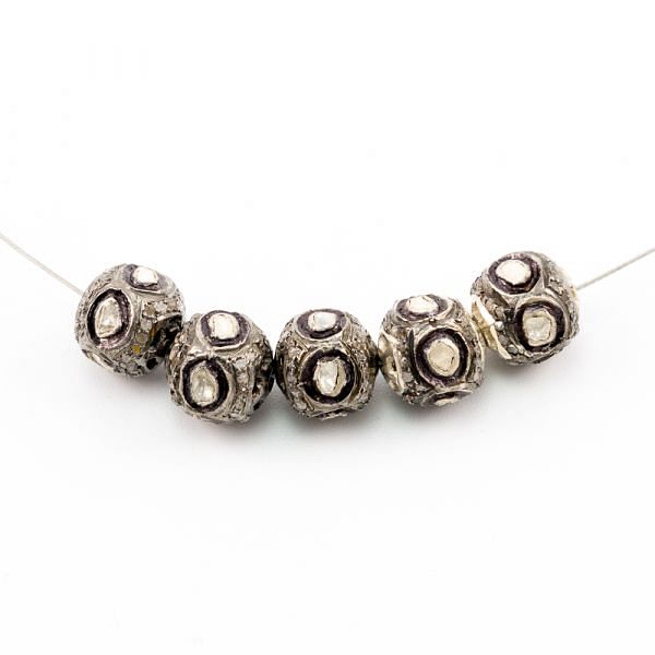 925 Sterling Silver Pave Diamond Bead With Polki Diamonds -9X9.50 MM Size , F-1528
