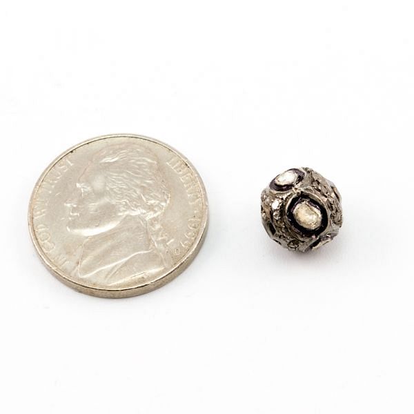 925 Sterling Silver Pave Diamond Bead With Polki Diamonds -9X9.50 MM Size , F-1528