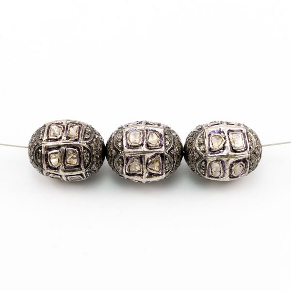 925 Sterling Silver Pave Diamond Beads with Polki Diamond, Oval Shape-18.50x15.00mm, Black/White Rhodium Plating. Sold By 1 Pcs, F-1529