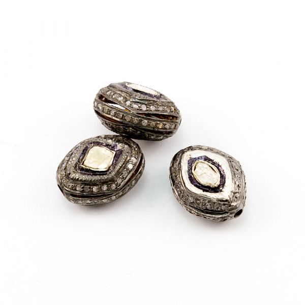 925 Sterling Silver Pave Diamond Beads with Polki Diamond, Oval Shape-16.50x13.00x8.50mm, Black/White Rhodium Plating. Sold By 1 Pcs, F-1532