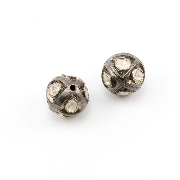 925 Sterling Silver Pave Beads with Polki Diamond, Round Ball Shape-13.00mm, Black/White Rhodium Plating. Sold By 1 Pcs, F-1534