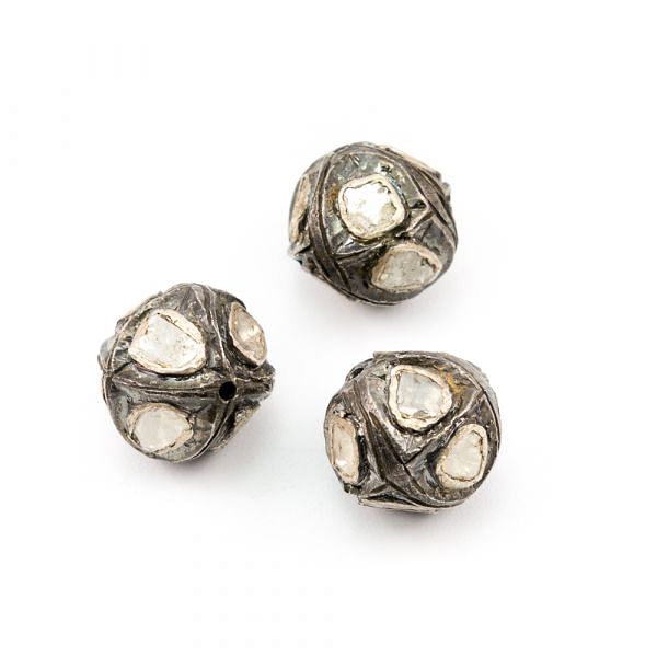 925 Sterling Silver Pave Beads with Polki Diamond, Roundel Shape-12.50mm, Black/White Rhodium Plating. Sold By 1 Pcs, F-1540