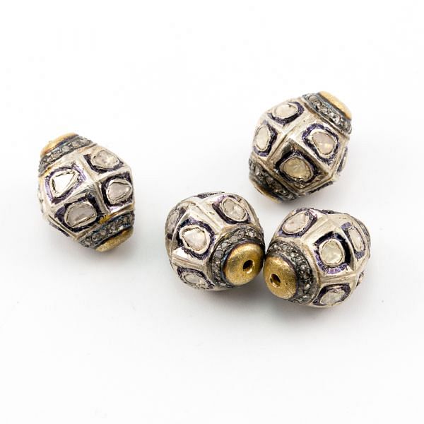 925 Sterling Silver Pave Diamond Beads with Polki Diamond, Drum Shape-18.50x15.00mm, Gold And Black/White Rhodium Plating. Sold By 1 Pcs, F-1542