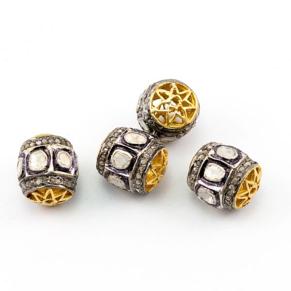 925 Sterling Silver Pave Diamond Beads with Polki Diamond, Drum Shape-15.00x13.00mm, Gold And Black/White Rhodium Plating. Sold By 1 Pcs, F-1544