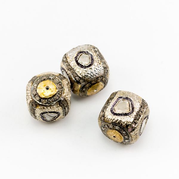 925 Sterling Silver Pave Diamond Beads - Cube In Shape (15.50X14MM) , F-1546
