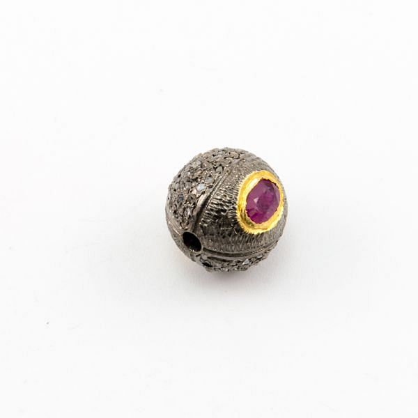 925 Sterling Silver Pave Diamond Beads with Ruby Stone, Round Ball Shape-13.50x13.50mm, Gold And Black Rhodium Plating. Sold By 1 Pcs, F-1560