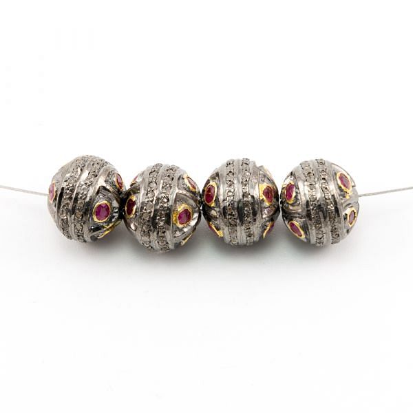 925 Sterling Silver Pave Diamond Beads with Ruby Stone, Roundel Shape-11.00x12.50mm, Gold And Black Rhodium Plating. Sold By 1 Pcs, F-1567