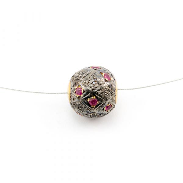925 Sterling Silver Pave Diamond Beads with Ruby Stone, Roundel Shape-15.00x16.00mm, Gold And Black Rhodium Plating. Sold By 1 Pcs, F-1576