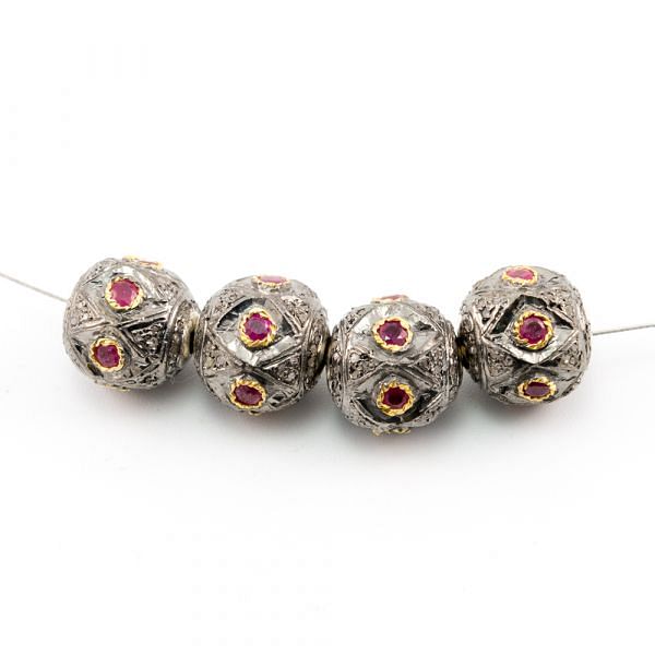 925 Sterling Silver Pave Diamond Beads with Ruby Stone, Round Ball Shape-13.00x13.00mm, Gold And Black Rhodium Plating. Sold By 1 Pcs, F-1579