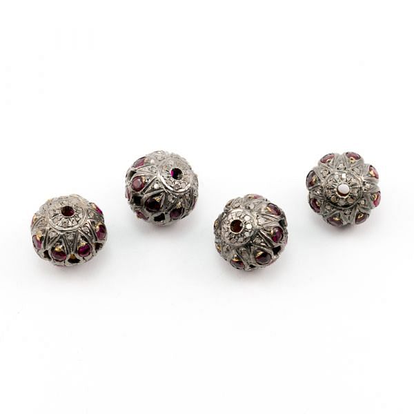 925 Sterling Silver Pave Diamond Beads with Ruby Stone, Roundel Shape-13.00x13.00mm, Gold And Black Rhodium Plating. Sold By 1 Pcs, F-1584