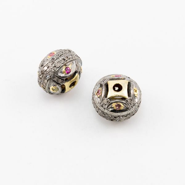 925 Sterling Silver Pave Diamond Beads With Multi Tourmaline Stone - 15X13MM , F-1586