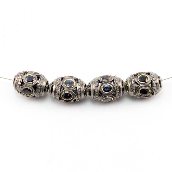 925 Sterling Silver Pave Diamond Beads With Sapphire Stone - 15.50X11MM , F-1602