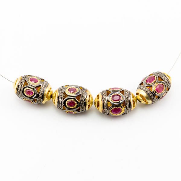 925 Sterling Silver Pave Diamond Beads Studded With Ruby Stone- 16X10.50MM , F-1603