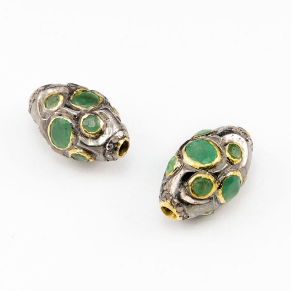 925 Sterling Silver Pave Diamond Beads Studded with Emerald Stone - 15.50X9MM Size, F-1612