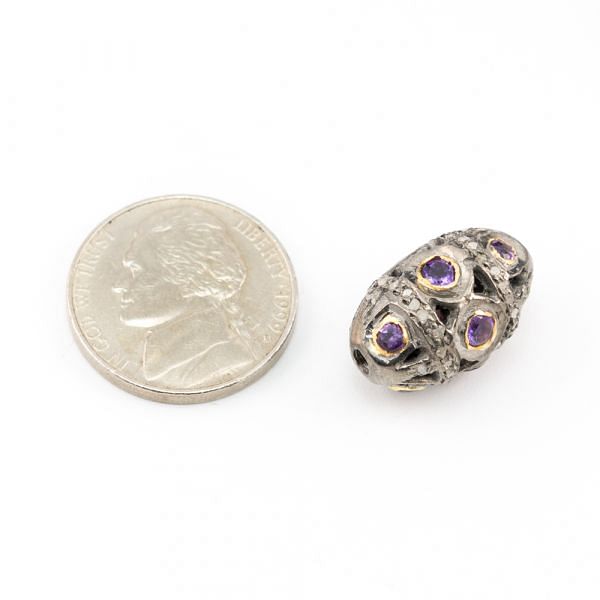 925 Sterling Silver Pave Diamond Beads with Amethyst Stone, Oval Shape-19.00x11.50mm, Gold And Black Rhodium Plating. Sold By 1 Pcs, F-1625