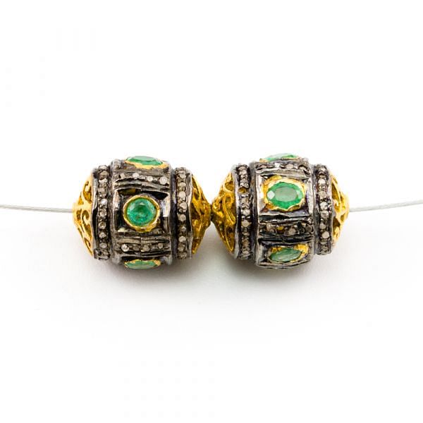 925 Sterling Silver Pave Diamond Beads with Emerald Stone, Drum Shape-15.00x12.00mm, Gold And Black Rhodium Plating. Sold By 1 Pcs, F-1629