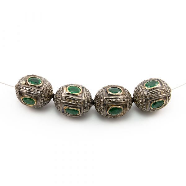 925 Sterling Silver Pave Diamond Beads with Emerald Stone, Drum Shape-17.00x13.00mm, Gold And Black Rhodium Plating. Sold By 1 Pcs, F-1641