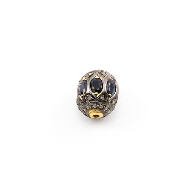 925 Sterling Silver Pave Diamond Beads with Sapphire Stone, Oval Shape-15.50x13.00mm, Gold And Black Rhodium Plating. Sold By 1 Pcs, F-1646