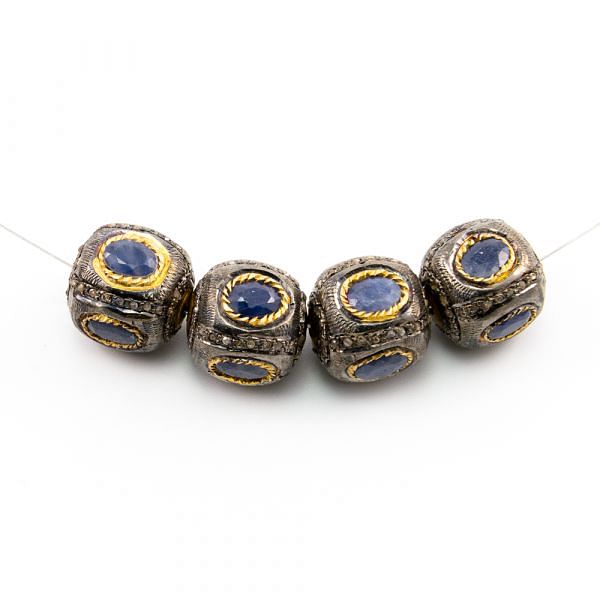 925 Sterling Silver Pave Diamond Beads with Sapphire Stone, Cube Shape-16.00x16.00mm, Gold And Black Rhodium Plating. Sold By 1 Pcs, F-1649