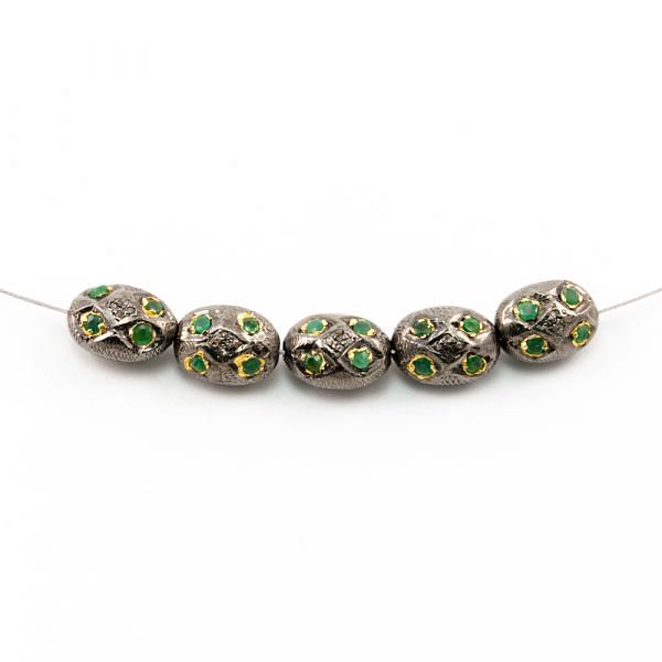 925 Sterling Silver Pave Diamond Beads with Emerald Stone, Oval Shape-12.00x9.00x7.00mm, Gold And Black Rhodium Plating. Sold By 1 Pcs, F-1654