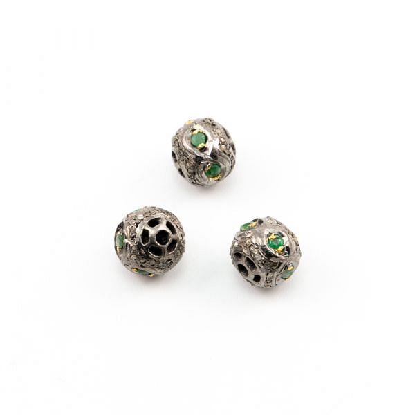925 Sterling Silver Pave Diamond Beads with Emerald Stone, Roundel Shape-9.00x9.50mm, Gold And Black Rhodium Plating. Sold By 1 Pcs, F-1656