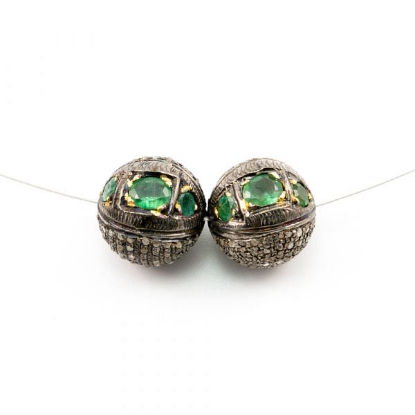 925 Sterling Silver Pave Diamond Beads with Emerald Stone, Round Ball Shape-13.50mm, Gold And Black Rhodium Plating. Sold By 1 Pcs, F-1657