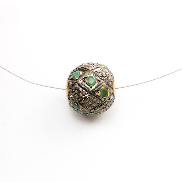 925 Sterling Silver Pave Diamond Beads with Emerald Stone, Roundel Shape-15.00x16.50mm, Gold And Black Rhodium Plating. Sold By 1 Pcs, F-1668