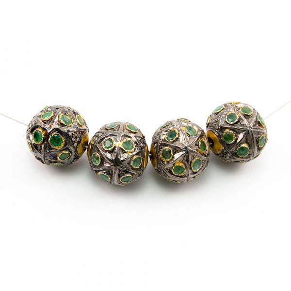 925 Sterling Silver Pave Diamond Beads with Emerald Stone, Round Ball Shape-17.00x17.00mm, Gold And Black Rhodium Plating. Sold By 1 Pcs, F-1670