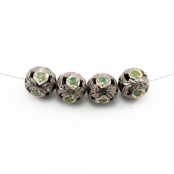 925 Sterling Silver Pave Diamond Beads with Emerald Stone, Round Ball Shape-12.00mm, Gold And Black Rhodium Plating. Sold By 1 Pcs, F-1671