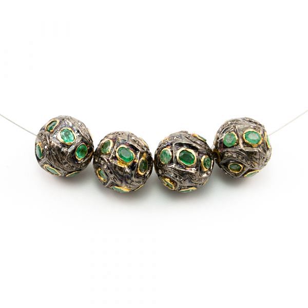 925 Sterling Silver Pave Diamond Beads Studded With Emerald Stone - 14X14.50 MM,  F-1672