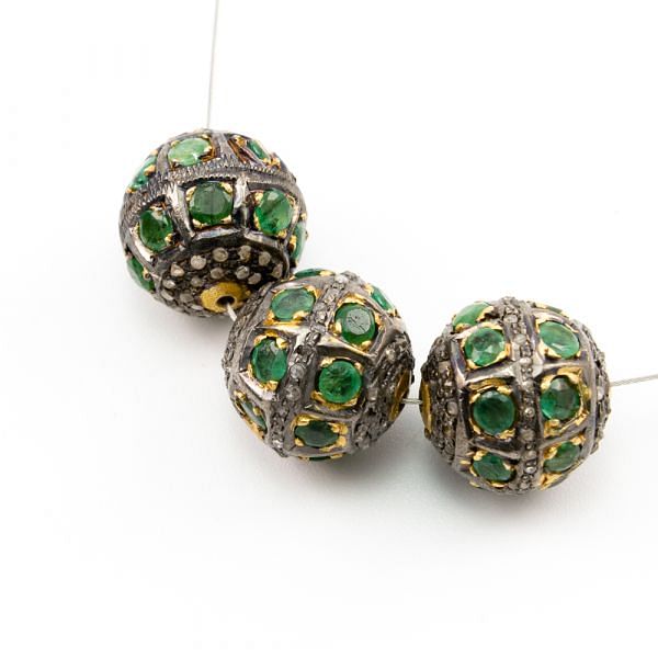 925 Sterling Silver Pave Diamond Beads with Emerald Stone, Roundel Shape-14.50x15.00mm, Gold And Black Rhodium Plating. Sold By 1 Pcs, F-1673