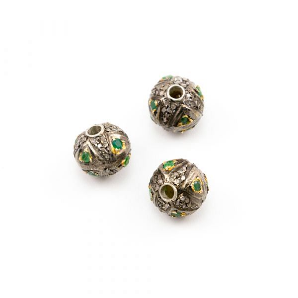 925 Sterling Silver Pave Diamond Beads with Emerald Stone, Roundel Shape-9.00x10.00mm, Gold And Black Rhodium Plating. Sold By 1 Pcs, F-1674