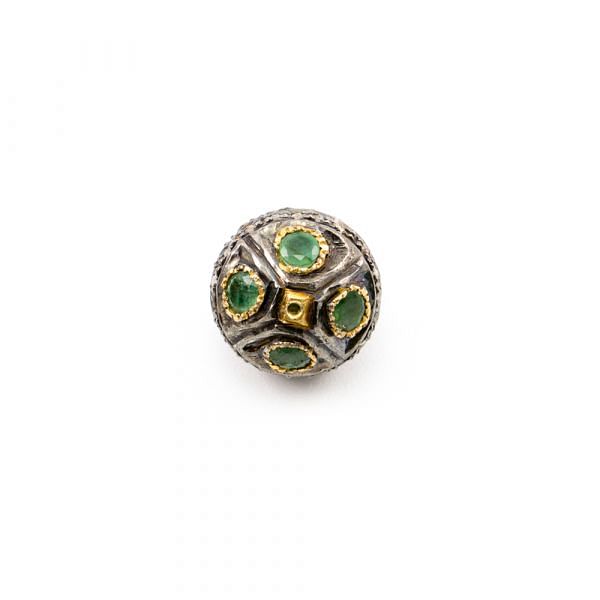 925 Sterling Silver Pave Diamond Beads with Emerald Stone, Oval Shape-23.00x13.00x11.00mm, Gold And Black Rhodium Plating. Sold By 1 Pcs, F-1677