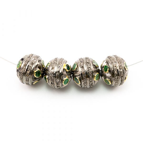 925 Sterling Silver Pave Diamond Beads with Emerald Stone, Oval Shape-11.00x12.50mm, Gold And Black Rhodium Plating. Sold By 1 Pcs, F-1679