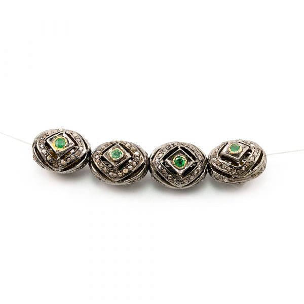 925 Sterling Silver Pave Diamond Beads with Emerald Stone, Oval Shape-14.50x11.00x12.00mm, Gold And Black Rhodium Plating. Sold By 1 Pcs, F-1682