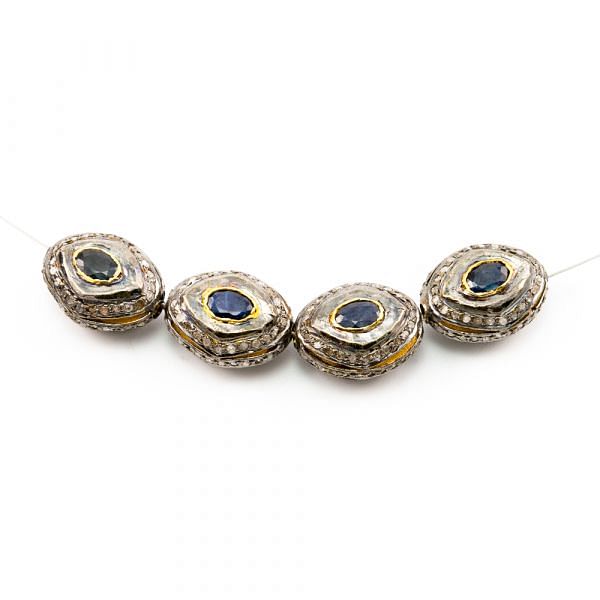 925 Sterling Silver Pave Diamond Beads with Sapphire Stone, Oval Shape-17.00x13.00x9.50mm, Gold And Black Rhodium Plating. Sold By 1 Pcs, F-1684