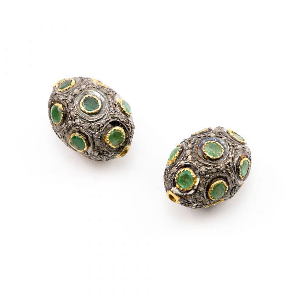 925 Sterling Silver Pave Diamond Beads with Emerald Stone, Oval Shape-18.00x13.00x12.00mm, Gold And Black Rhodium Plating. Sold By 1 Pcs, F-1684A