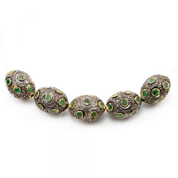 925 Sterling Silver Pave Diamond Beads with Emerald Stone, Oval Shape-18.00x13.00x12.00mm, Gold And Black Rhodium Plating. Sold By 1 Pcs, F-1684A