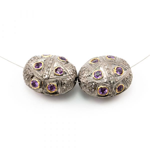 925 Sterling Silver Pave Diamond Beads with Amethyst  Stone, Oval Shape-21.00x17.00x12.00mm, Gold And Black Rhodium Plating. Sold By 1 Pcs, F-1690