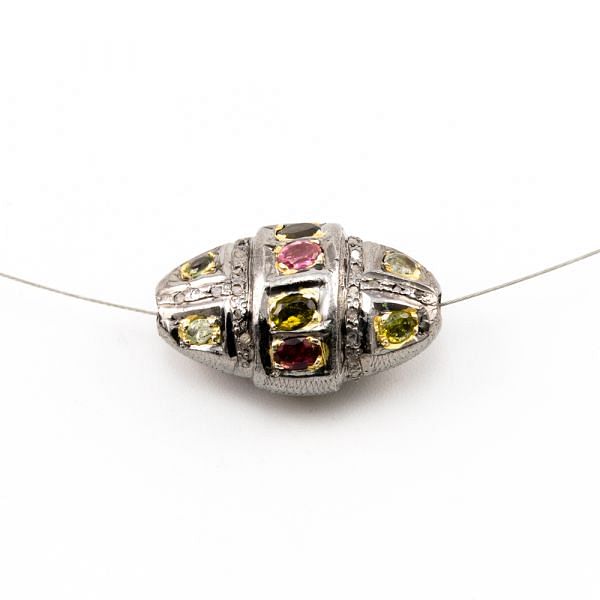 925 Sterling Silver Pave Diamond Beads with multi Tourmaline Stone, Oval Shape-26.00x16.00x12.00mm, Gold And Black Rhodium Plating. Sold By 1 Pcs, F-1699