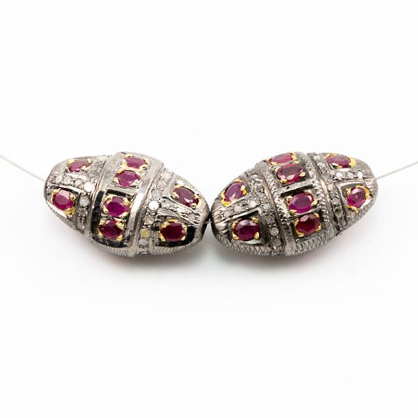 925 Sterling Silver Pave Diamond Beads with Ruby Stone, Oval Shape-27.00x12.00x16.00mm, Gold And Black Rhodium Plating. Sold By 1 Pcs, F-1700