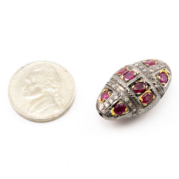 925 Sterling Silver Pave Diamond Beads with Ruby Stone, Oval Shape-27.00x12.00x16.00mm, Gold And Black Rhodium Plating. Sold By 1 Pcs, F-1700