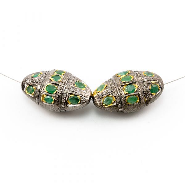 925 Sterling Silver Pave Diamond Beads with Emerald Stone, Oval Shape-27.00x12.00x16.00mm, Gold And Black Rhodium Plating. Sold By 1 Pcs, F-1701
