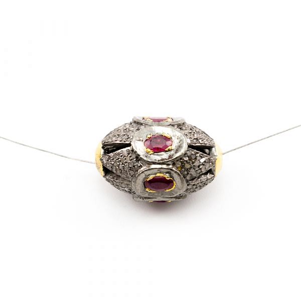 925 Sterling Silver Pave Diamond Beads with Ruby Stone, Drum Shape-23.00x16.00mm, Gold And Black Rhodium Plating. Sold By 1 Pcs, F-1708