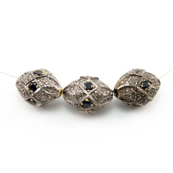 925 Sterling Silver Pave Diamond Beads with Sapphire Stone, Drum Shape-20.00x15.50mm, Gold And Black Rhodium Plating. Sold By 1 Pcs, F-1709
