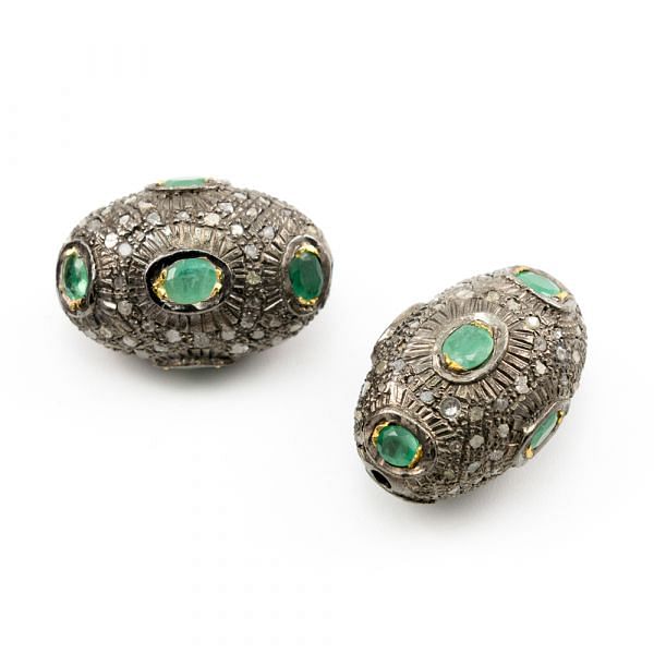 925 Sterling Silver Pave Diamond Beads with Emerald Stone, Oval Shape-27.00x18.50x16.50mm, Gold And Black Rhodium Plating. Sold By 1 Pcs, F-1710