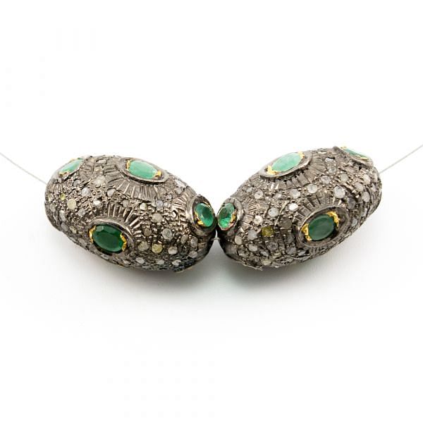 925 Sterling Silver Pave Diamond Beads with Emerald Stone, Oval Shape-27.00x18.50x16.50mm, Gold And Black Rhodium Plating. Sold By 1 Pcs, F-1710